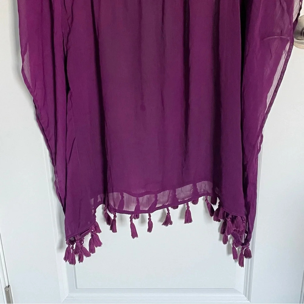Blue Rod Beattie chiffon tassel trim caftan coverup Top 29155 - Picture 8 of 11